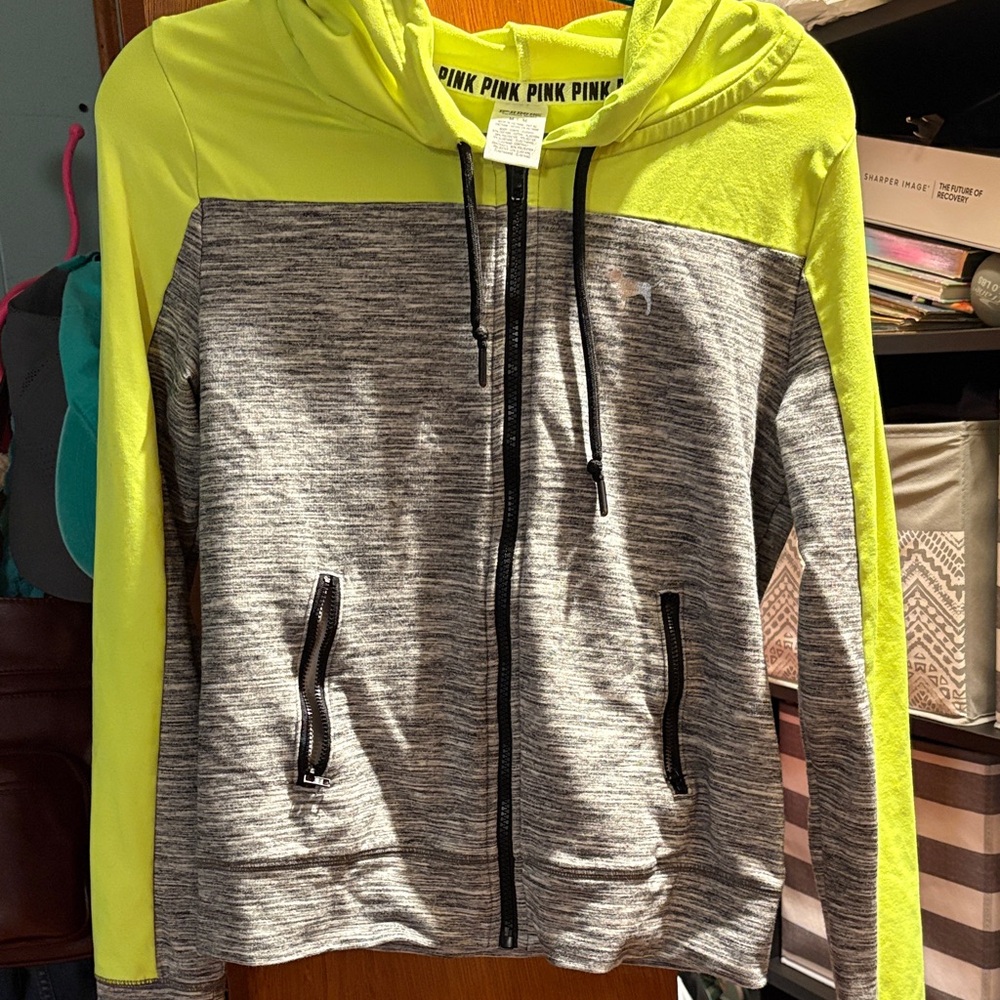 PINK Victoria's Secret Neon Yellow and Heather Gray Zip Hoodie